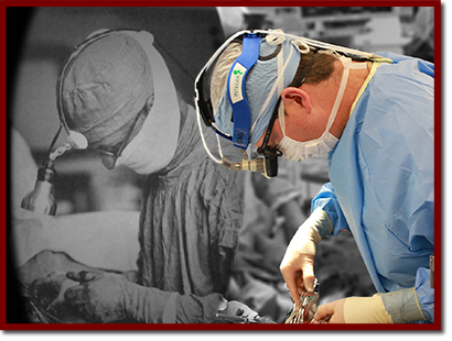 Harvey Cushing during surgery and a modern-day surgeon