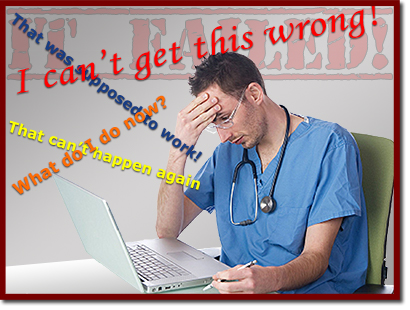 doctor in front of a laptop with "it failed" in the background and negative thoughts surrounding him